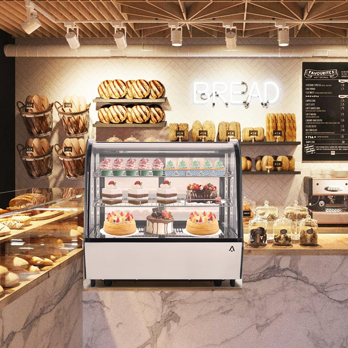 Refrigerated Display Case Countertop 4.2 Cu. Ft Commercial Display Refrigerator, Pastry Refrigerator w/LED Light Air-cooling Automatic Defrost Rear Sliding Door for Cafe Restaurant Countertop/Floor