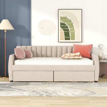 YOPTO Velvet Upholstered Twin Daybed with Two Storage Drawers, Solid Wooden Sofa Bed Frame w/Vertical Stripes Designed Backrest and Pine Legs, Space-Saving Design