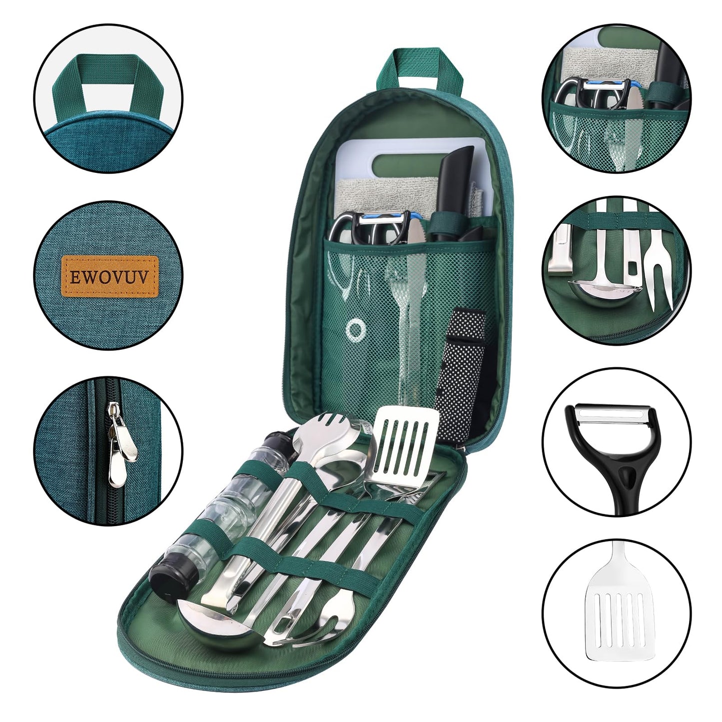 Camping Cooking Utensils Set- Camping Essentials Cookware Camp Accessories Gear Must Haves Camper Tent Camp Kitchen Rv Gadgets Outdoor Stove Portable Picnic Gifts for Women BBQ Stuff (Green)