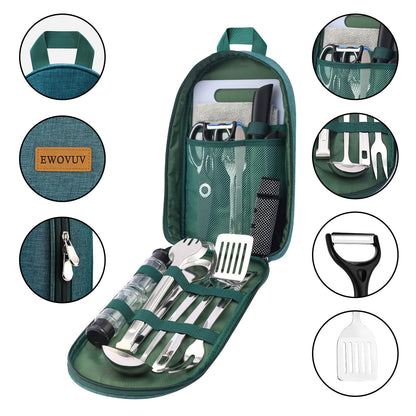 Camping Cooking Utensils Set- Camping Essentials Cookware Camp Accessories Gear Must Haves Camper Tent Camp Kitchen Rv Gadgets Outdoor Stove Portable Picnic Gifts for Women BBQ Stuff (Green)