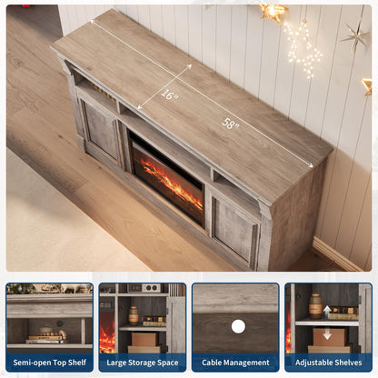 GAOMON 58 Inch Fireplace TV Stand, Wooden Entertainment Center with 36 Inch Electric Fireplace, 3D Realistic Flame, Farmhouse Media Console with Storage Cabinets for Living Room, Gray