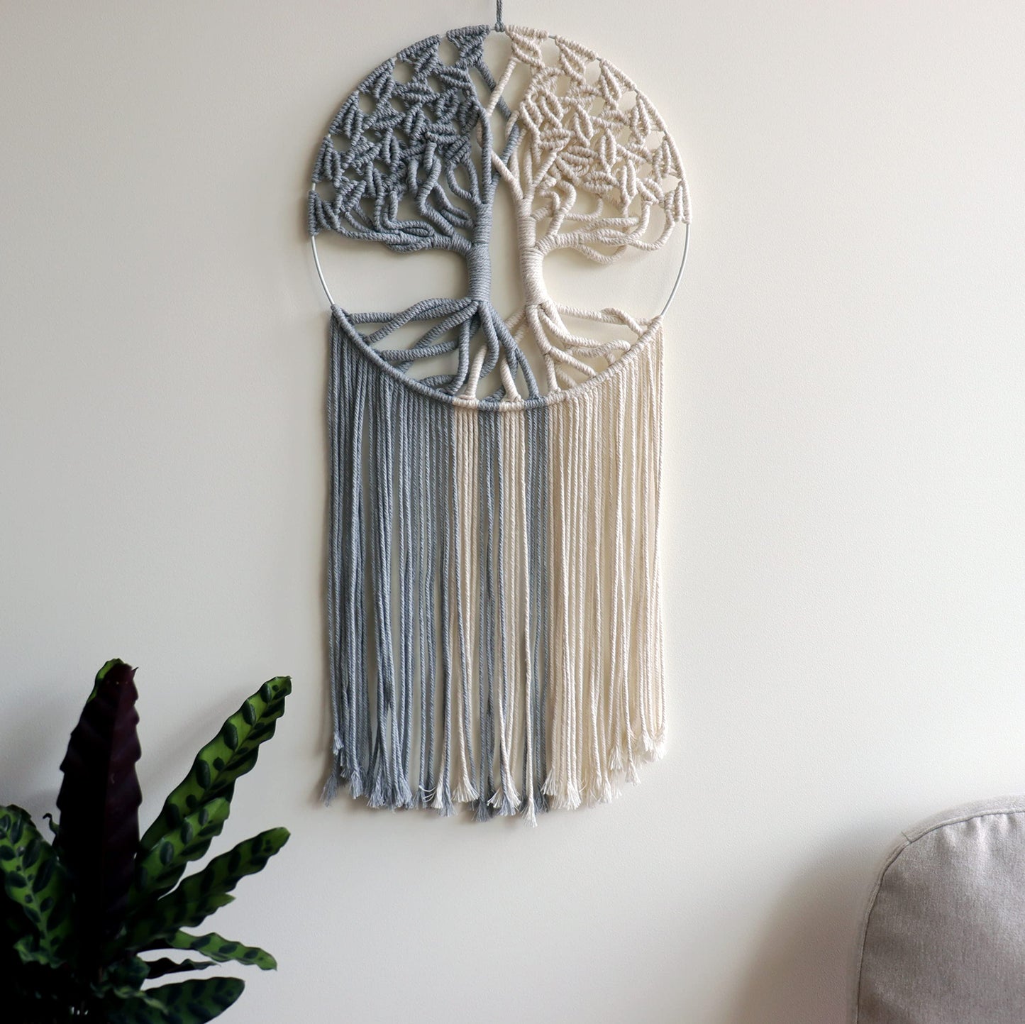 GUKALYLY Tree of Life Macrame Wall Hanging,Chic Handmade Woven Boho Home Décor,Eclectic Wall Decor for Bedroom Nursery Apartment Dorm Decoration,Gift for Teen Girl Mom(13" W X 31.5" L) (Grey&White)