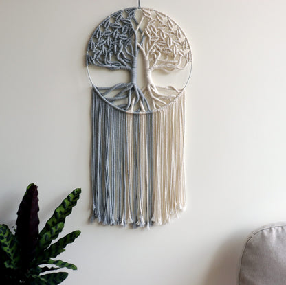 GUKALYLY Tree of Life Macrame Wall Hanging,Chic Handmade Woven Boho Home Décor,Eclectic Wall Decor for Bedroom Nursery Apartment Dorm Decoration,Gift for Teen Girl Mom(13" W X 31.5" L) (Grey&White)