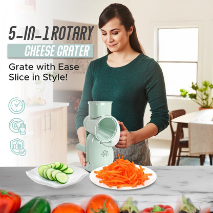 Kitchenvelly Rotary Cheese Grater Hand Crank, 5 in 1 Vegetable Slicer, Manual Cheese Shredder with Stainless Steel Blades, Food Grater for Cheese Vegetables Nuts, Suction Base, Easy Clean, Green