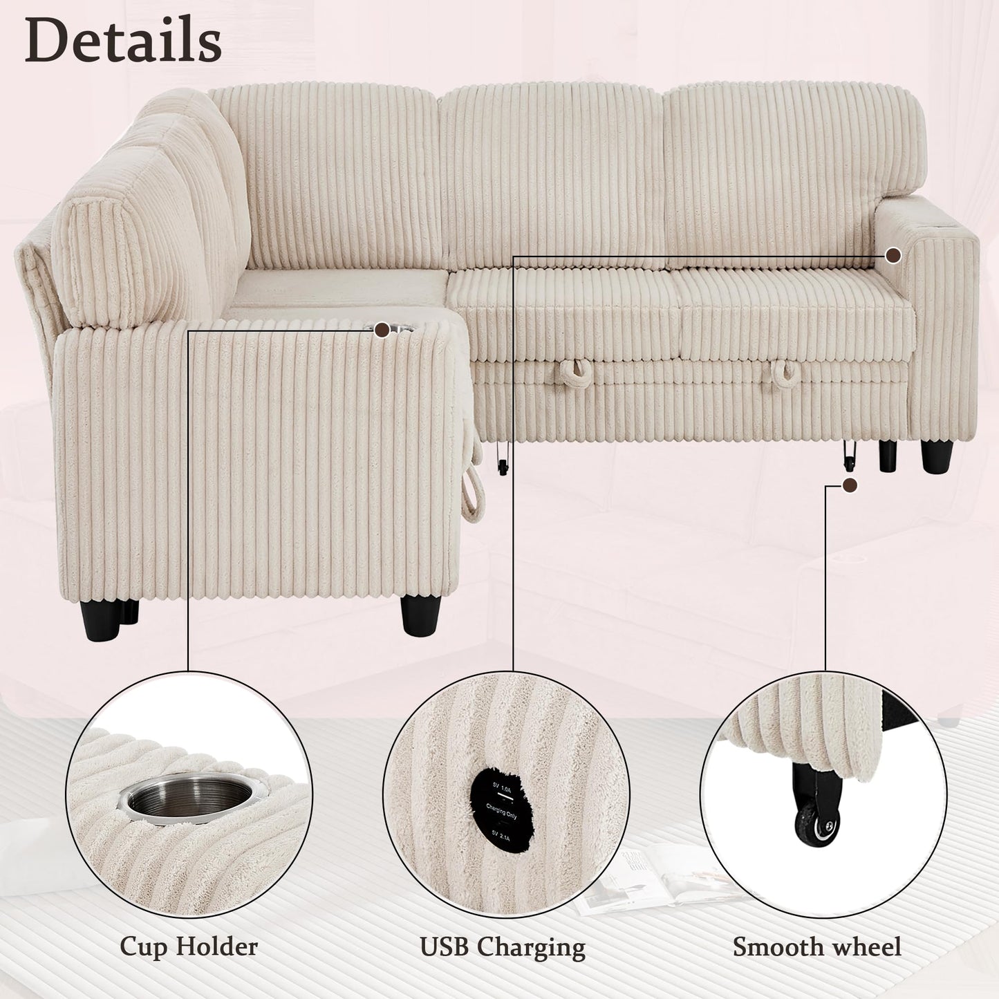 ERYE L-Shaped Symmetrical Sleeper Sectional Sofa W/Pull Out Sleeper Couch Bed and Storage Seat for Living Room, Corduroy Tufted Corner Convertible Sofa Bed with USB-C Ports