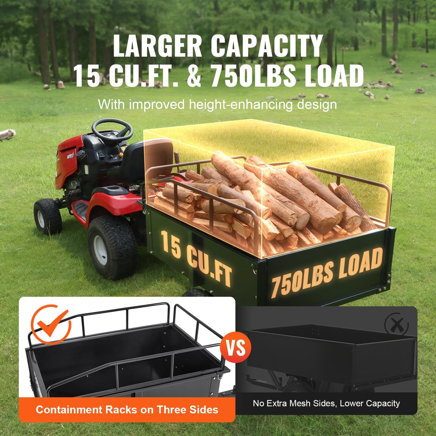 Happybuy Heavy Duty Steel ATV Dump Cart, 750-Pound Capacity, 15 Cubic Feet Garden Utility Trailer with Removable Sides for Lawn Mower Tractor - Black