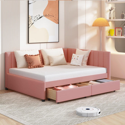 Merax Upholstered Daybed with 2 Storage Drawers, Full Size Sofa Bed Frame, No Box Spring Needed, Linen Fabric, Pink