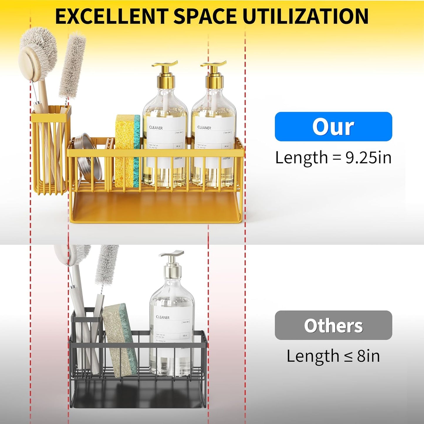 304 Countertop Cisily Lemon Yellow Sink Caddy Organzier with High Brush Holder, Sponge Holder for Sink, Rustproof