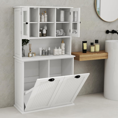 Gecheer Two-Compartment Tilt-Out Dirty Laundry Basket Cabinet - Space-Saving and Functional Storage Cabinet Organizer, Storage Unit Shelves, for Bathroom Living Room Dining Kitchen YJXW1120S00001