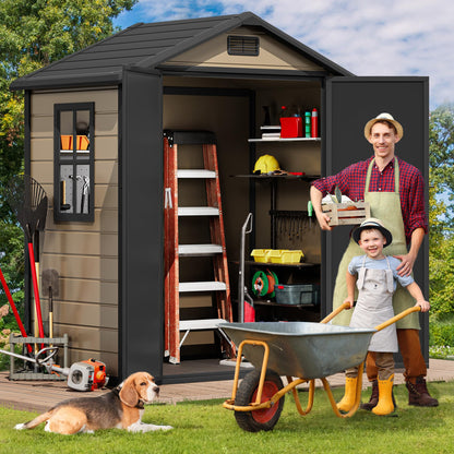 DWVO 6x4 FT Resin Storage Shed with Floor, Outdoor Storage Shed with Lockable Door, Window and Vents, Waterproof Plastic Tool Storage for Garden, Patio, Backyard, Lawn