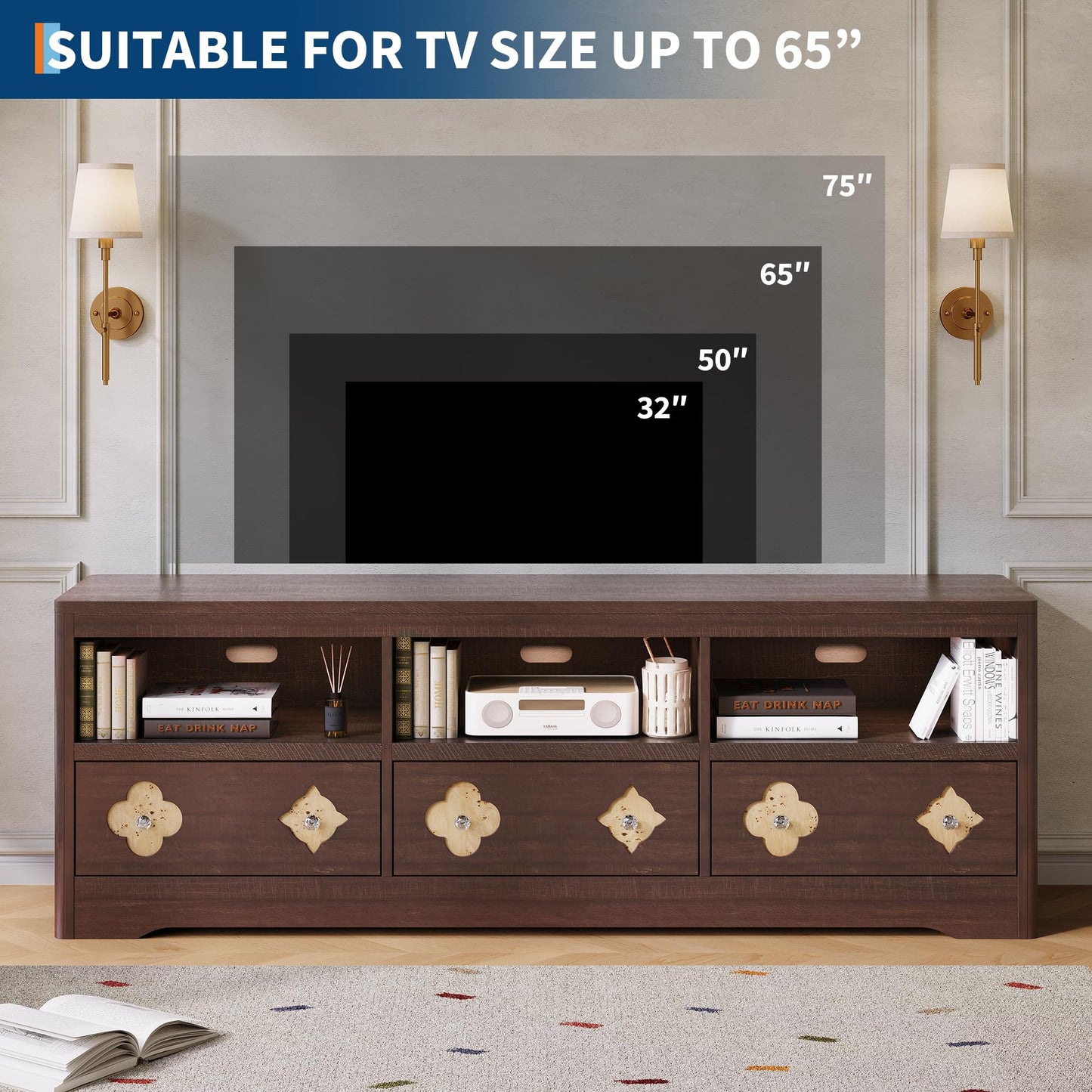 GAOMON Farmhouse 70 Inch TV Stand for TVs Up to 85", Mid Century Modern Entertainment Center with Storage Carved Drawer and Open Shelves, TV Console for Living Room (Brown)