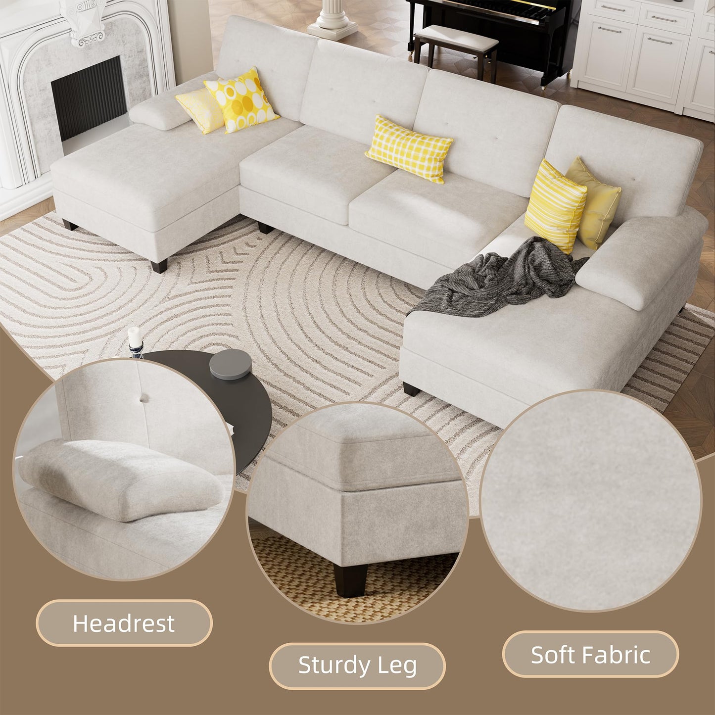 U-Shaped Sectional Couches for Living Room, 4 Seat Sofa with Double Chaise Lounges,Solid Wood Frame Sectional Sofa for Apartment,White