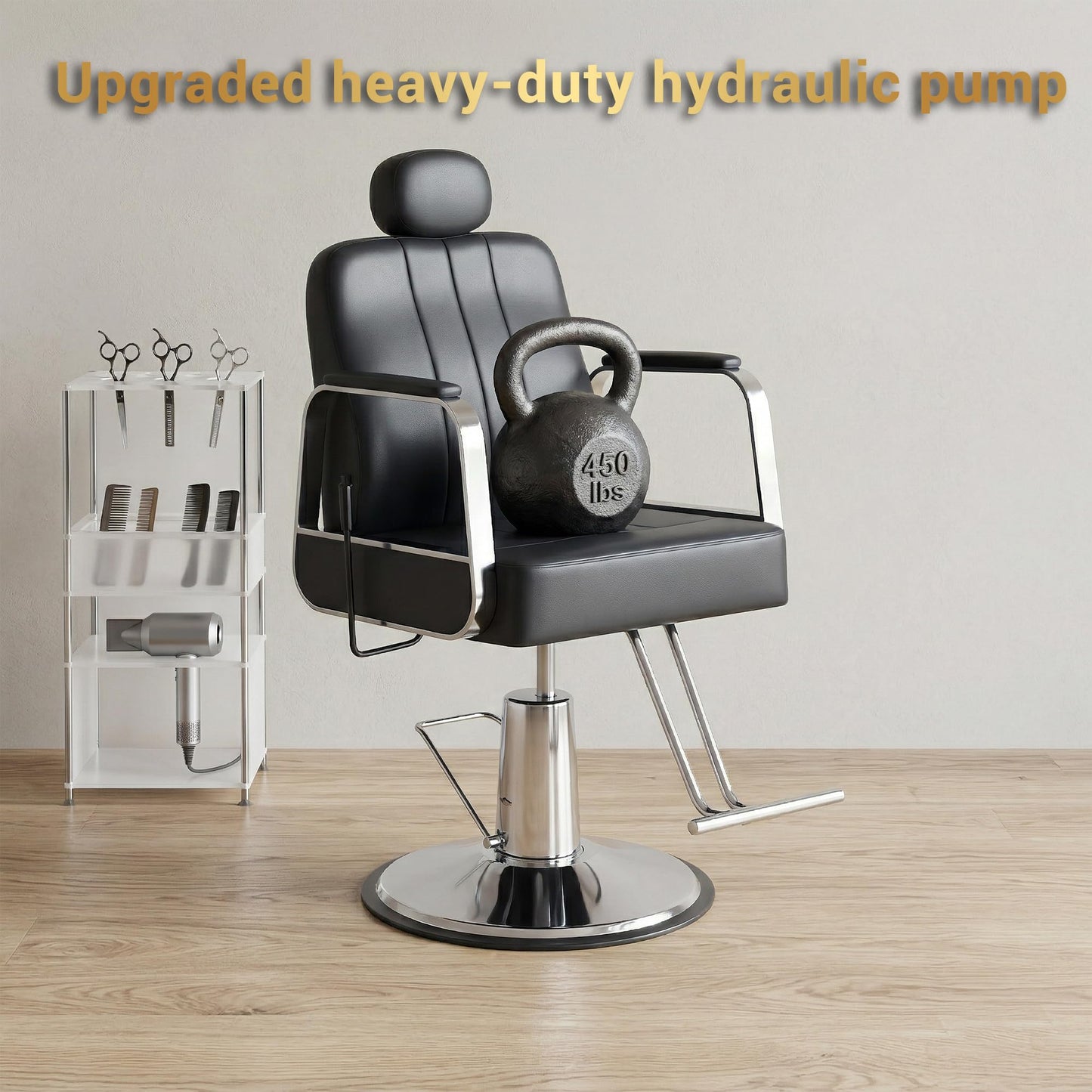 Barber Chair with Heavy Duty Hydraulic Pump, Reclining Salon Chair for Hair Stylist, 360° Swivel 90°-140° Backrest Reclining Chairs, Portable Height Adjustable Hair Chair for Barbershop (Black)