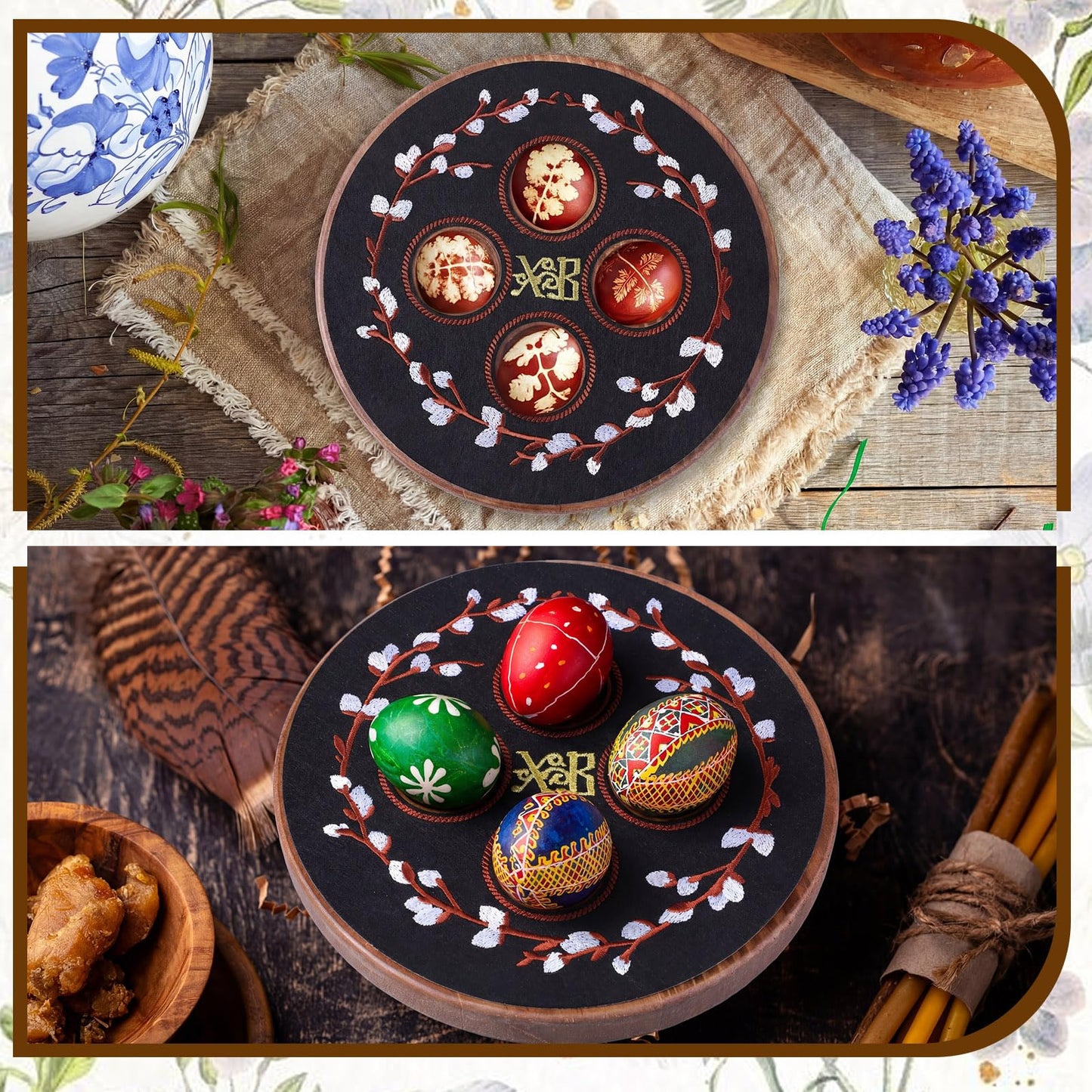 Vicenpal Greek Orthodox Easter Egg Holder Wooden Decorative Easter Egg Display Stand with Xb Embroidery Floral Pascha Patch Serving Tray Greek Pedestal Ukrainian Religious Gift for Orthodox Home Decor