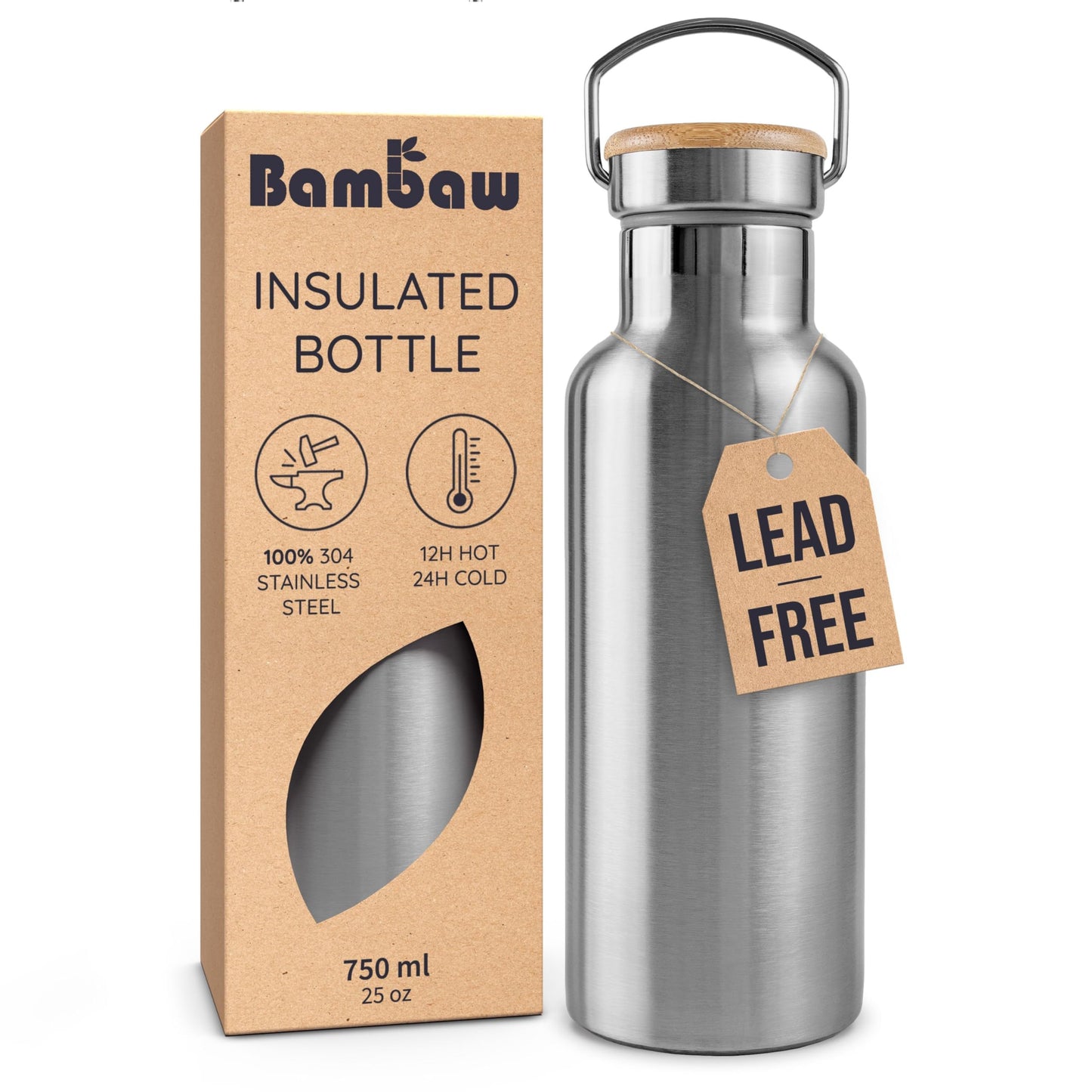 Bambaw 24 oz Metal Water Bottle, Insulated Stainless Steel Water Bottle, Great for Travel, Wide Mouth for Easy Cleaning, Reusable & Durable, Rust-Resistant & Sturdy (Natural Steal)