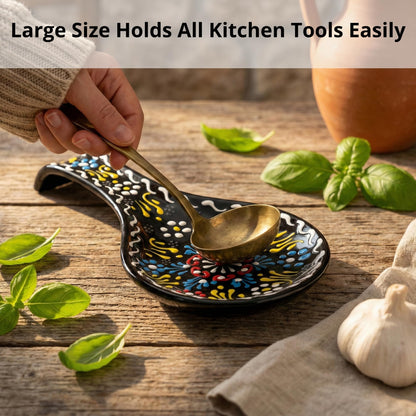 BCS Ceramic Spoon Rest, Large 9” Hand Painted Spoon Holder for Stove Top & Kitchen Counter, Dishwasher Safe & Heat Resistant Utensil Holder, Floral Kitchen Decor, Handmade Pottery