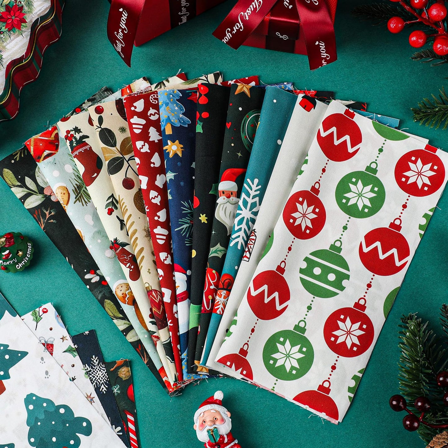 Tatuo 30 Pcs 10 x 10 Inches Christmas Cotton Fabric Bundle Squares Patchwork Floral Fabric Sewing Quilting Bundles Assorted Pattern Cloth for DIY Scrapbook Craft Making