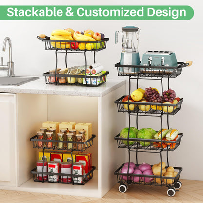 SAYZH Fruit Basket Kitchen Pantry Organizers and Storage - 4 Tier Stackable Metal Wire Basket Stand for Fruit Vegetable Snacks Jars Bins Containers Organization(Black, 4 Tiers)