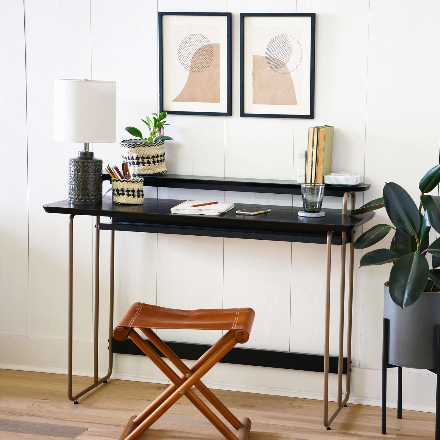 Main + Mesa Pacifica Mid-Century Modern Computer Desk with Genuine Wood Veneer and Rounded Metal Detail for Boho Bedroom, Home Office, and Study