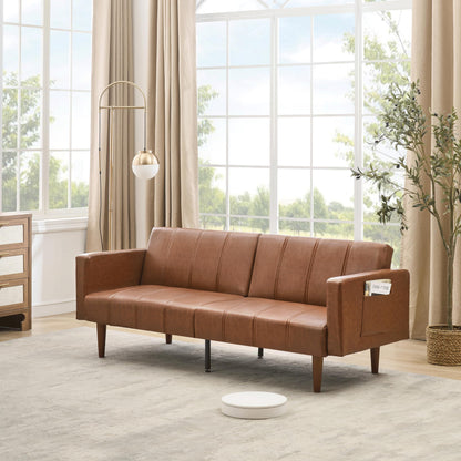 Garvee Modern Futon Sofa Bed, Convertible 75" Sleeper with Adjustable Backrest & Side Pockets, Mid-Century Brown PU Leather