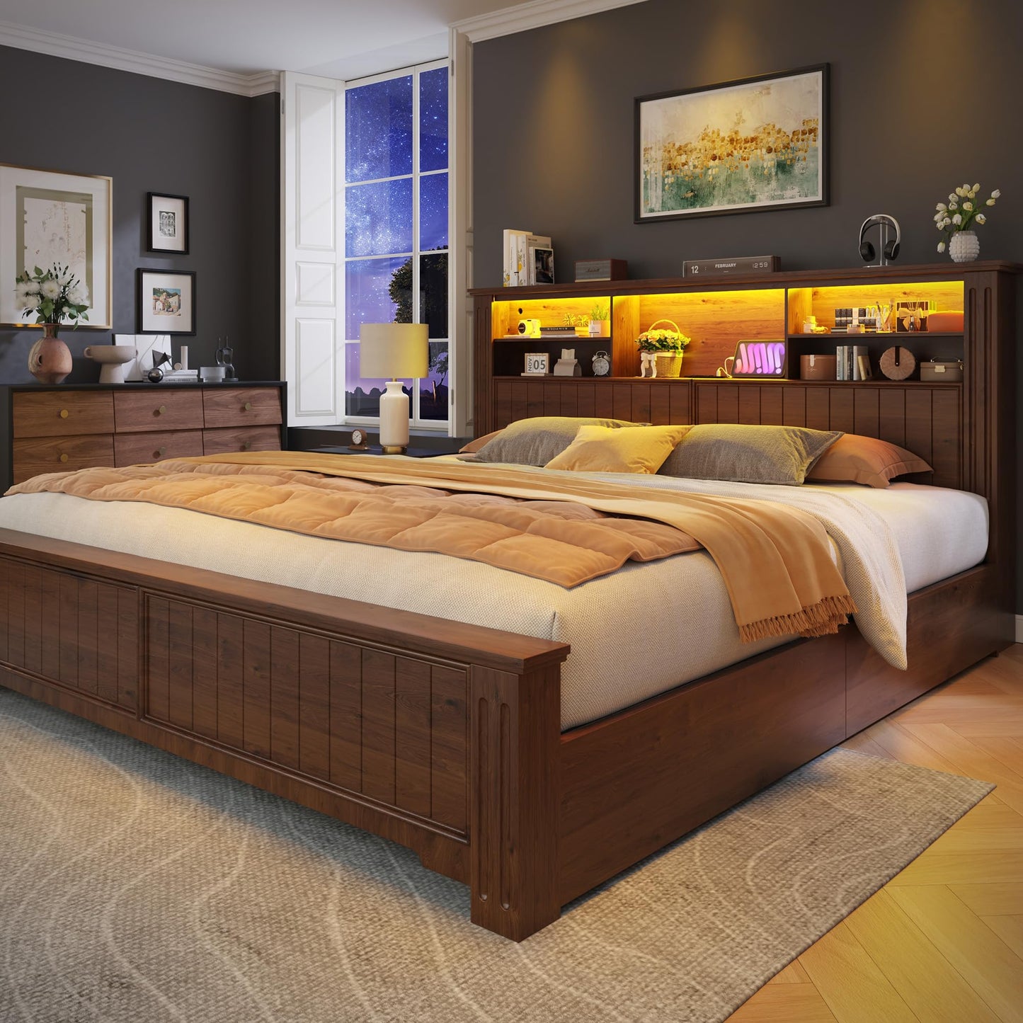EnHomee King Size Bed Frame with 4 Storage Drawers and Headboard,LED Lights & Charging Ports,No Box Spring Needed for Big House,Noise-Free,Wooden,Brown