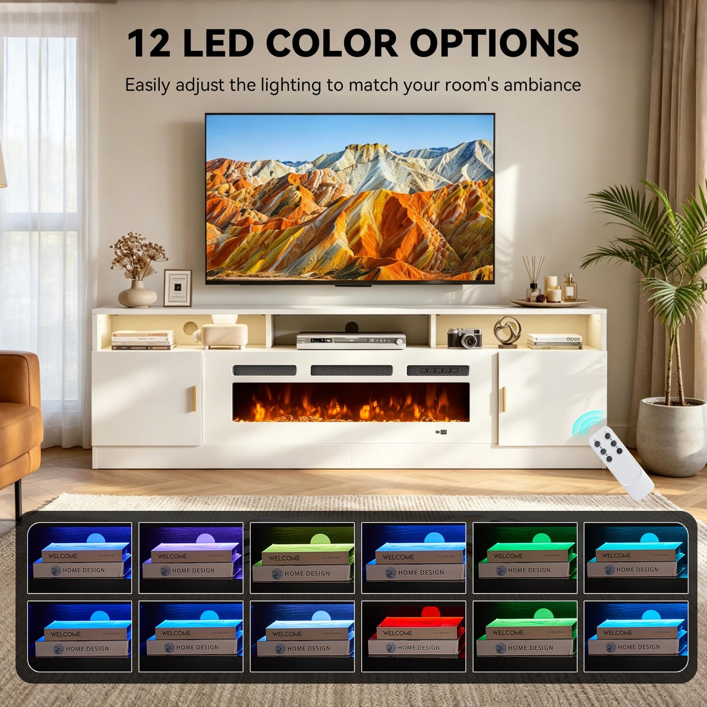 OneBlis 70" Fireplace TV Stand with Power Outlet, Electric Fireplace Entertainment Center with Storage Cabinets, Fits TVs up to 80", TV Console with LED Lights for Living Room, Office, White-White