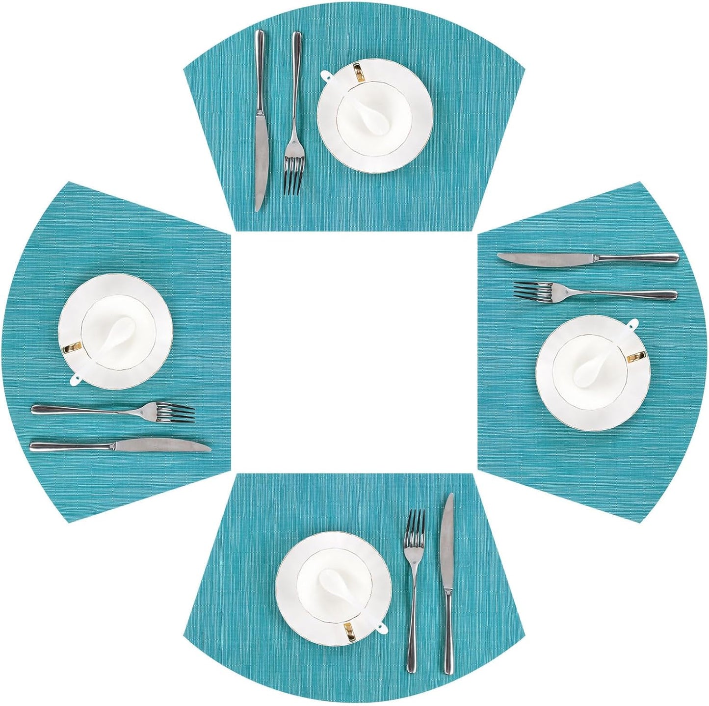 SHACOS Set of 4 Round Wedge Placemats, Heat Resistant, Woven Vinyl PVC Table Mats, Teal Blue, Indoor Outdoor
