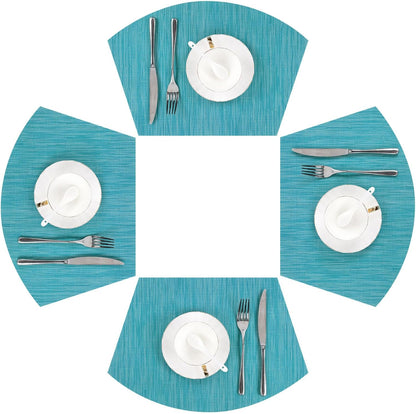 SHACOS Set of 4 Round Wedge Placemats, Heat Resistant, Woven Vinyl PVC Table Mats, Teal Blue, Indoor Outdoor