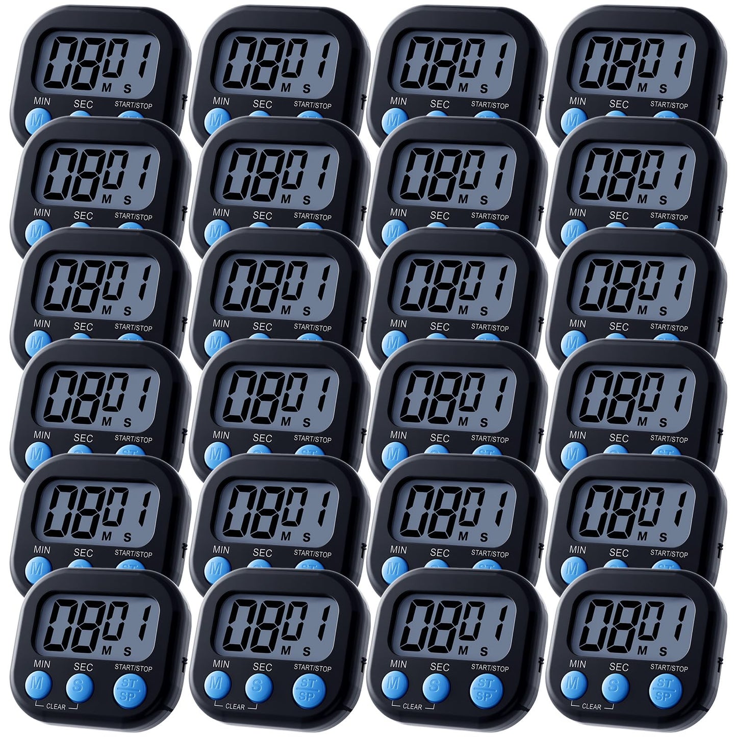 Leumoi 24 Pcs Digital Kitchen Timers Magnetic Back Timers Bulk Large Screen Loud Alarm On/Off Switch Minute Second Count up Countdown Memory Setting for Cooking Classroom Exercise(Black and Blue)
