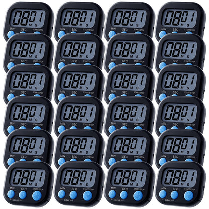 Leumoi 24 Pcs Digital Kitchen Timers Magnetic Back Timers Bulk Large Screen Loud Alarm On/Off Switch Minute Second Count up Countdown Memory Setting for Cooking Classroom Exercise(Black and Blue)