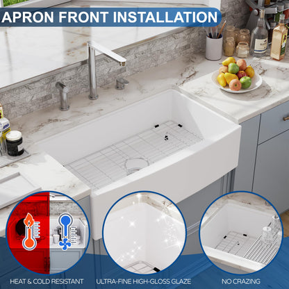 33 White Farmhouse Sink Workstation, Hugsleek Undermount Farm Kitchen Sink 33x21 inch Apron Front White Porcelain Ceramic Fireclay Sinks Ledge Accessories Under Counter Single Bowl Farmer Sinks Basin
