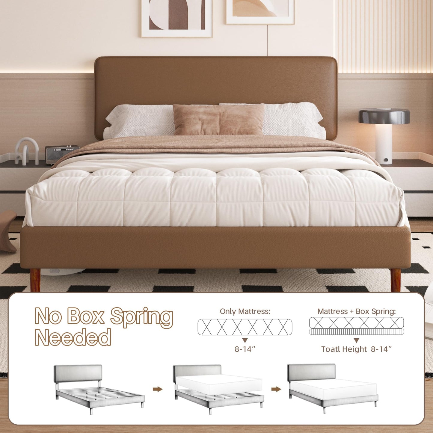 Lcwtvgxr King Size Leather Platform Bed Frame with Adjustable Upholstered Headboard, Solid Wooden Legs, No Box Spring Needed, Easy Assembly, Noise Free, Brown