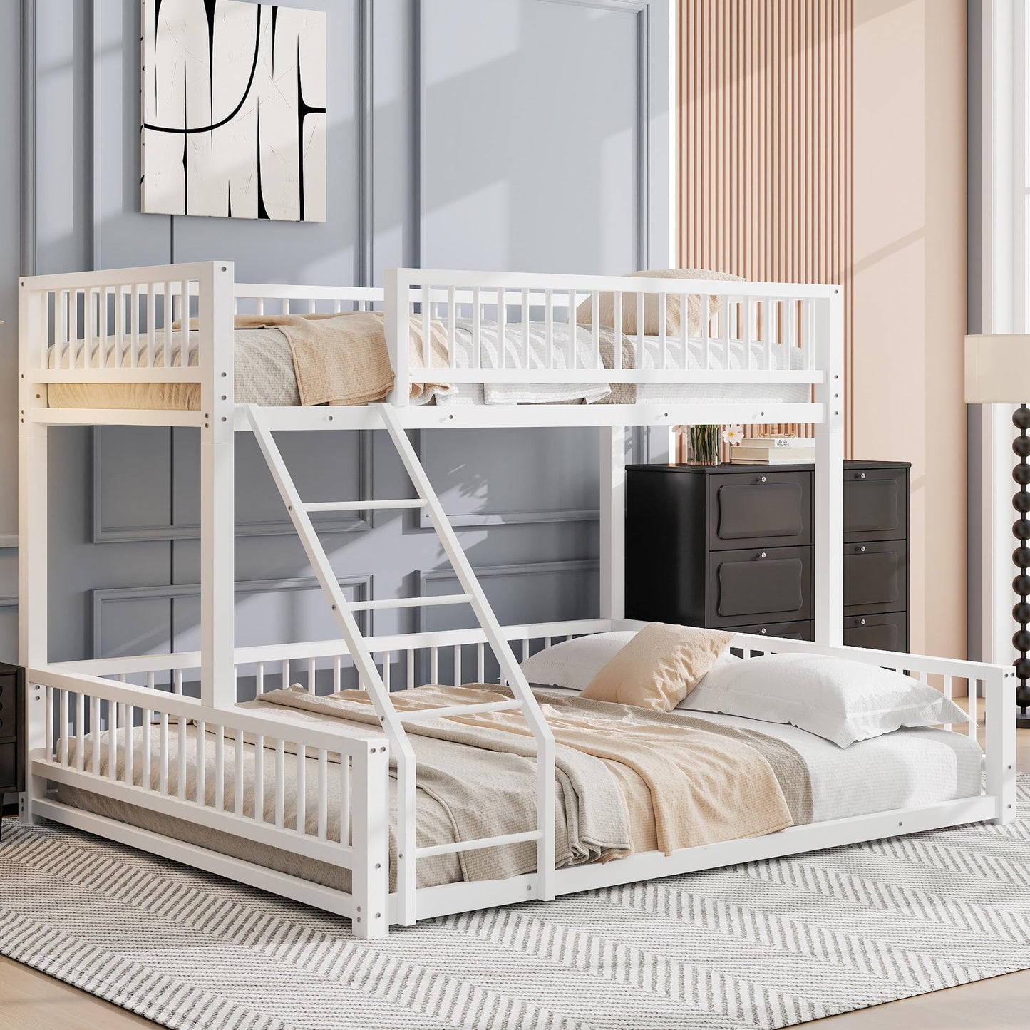 Bellemave Metal Twin XL Over Queen bunk Bed, Floor Twin XL Over Queen Bunk Bed Frame with Ladder and Safety Guardrails, White
