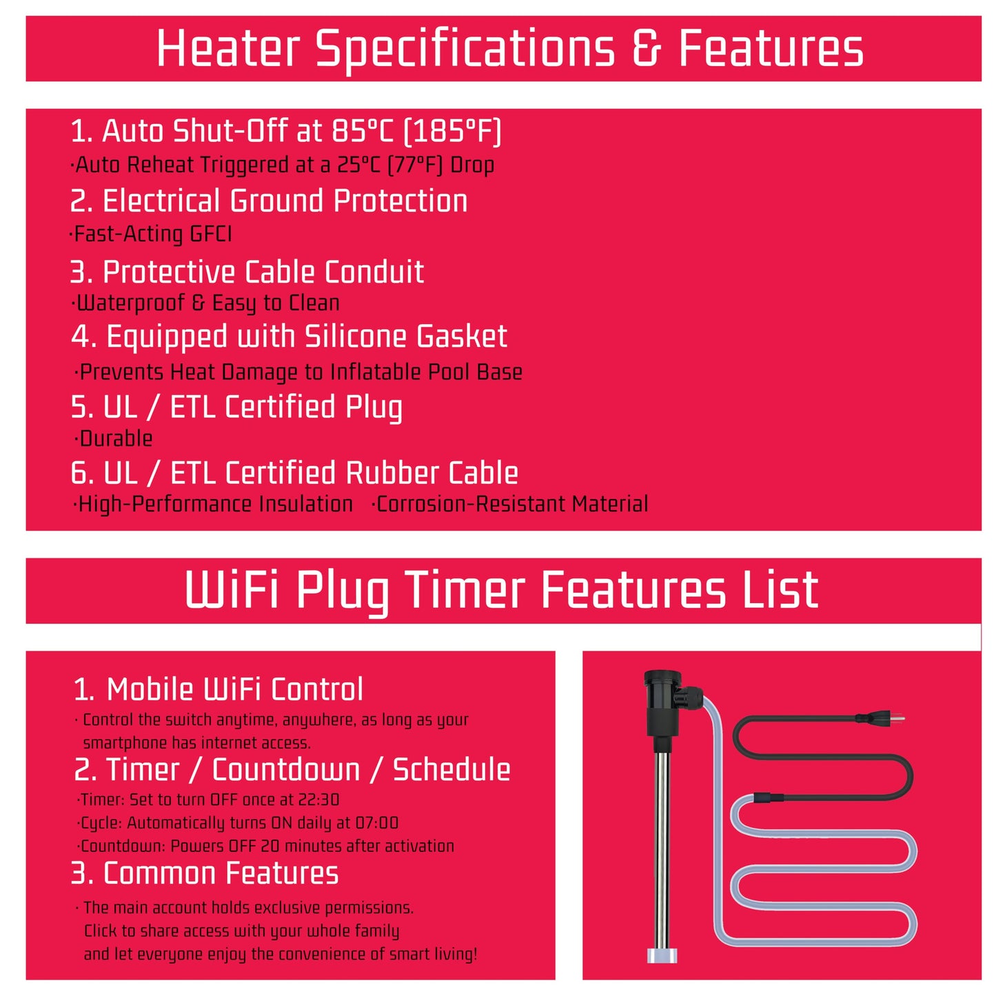 YLboyLIAN 1800W Titanium Immersion Water Heater for Pool & Hot Tub – Portable Electric Submersible Heater with Temp Control, Auto Shut-Off & WiFi Timer for Spa, Bathtub, Inflatable/Above Ground Pool