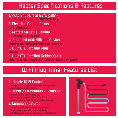 YLboyLIAN 1800W Titanium Immersion Water Heater for Pool & Hot Tub – Portable Electric Submersible Heater with Temp Control, Auto Shut-Off & WiFi Timer for Spa, Bathtub, Inflatable/Above Ground Pool