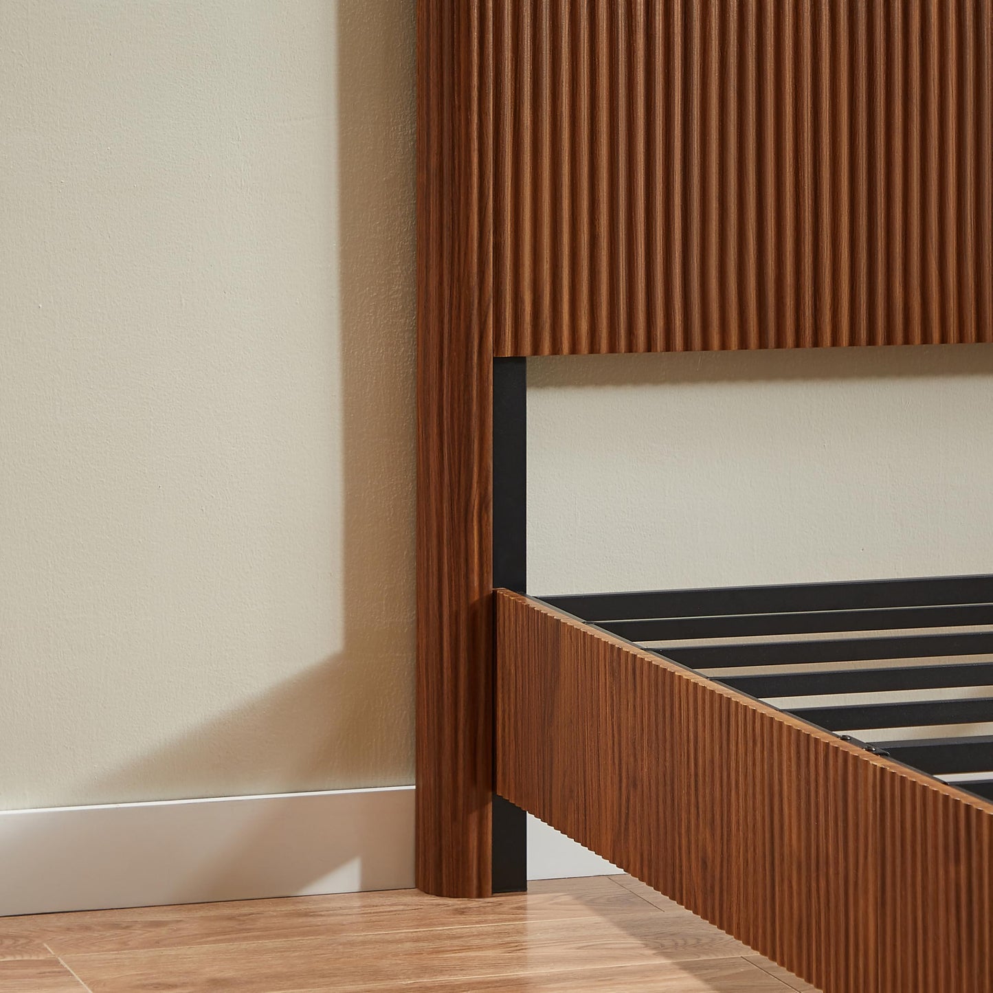 KEIKI Full Size Wooden Bed Frame with Headboard, Modern Platform Bed with Corrugated Curved Lines, No Box Spring Needed, Easy Assembly (Walnut, Full)