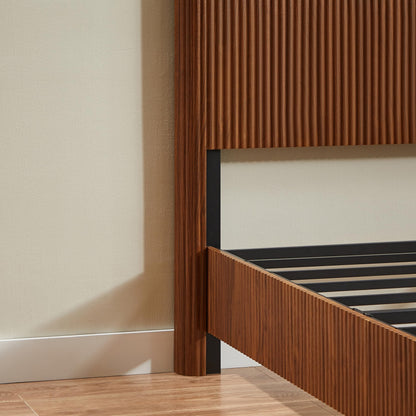KEIKI Full Size Wooden Bed Frame with Headboard, Modern Platform Bed with Corrugated Curved Lines, No Box Spring Needed, Easy Assembly (Walnut, Full)
