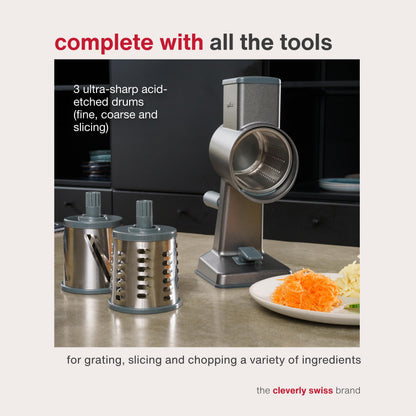 Zyliss Rotary Cheese Grater, Aluminium, 3 Steel Drum Blades, Cheese, Vegetable, Chocolate, Nut, Fruit Grater with Handle, Non-Slip Suction Foot and Table Clamp, 5 Year Guarantee
