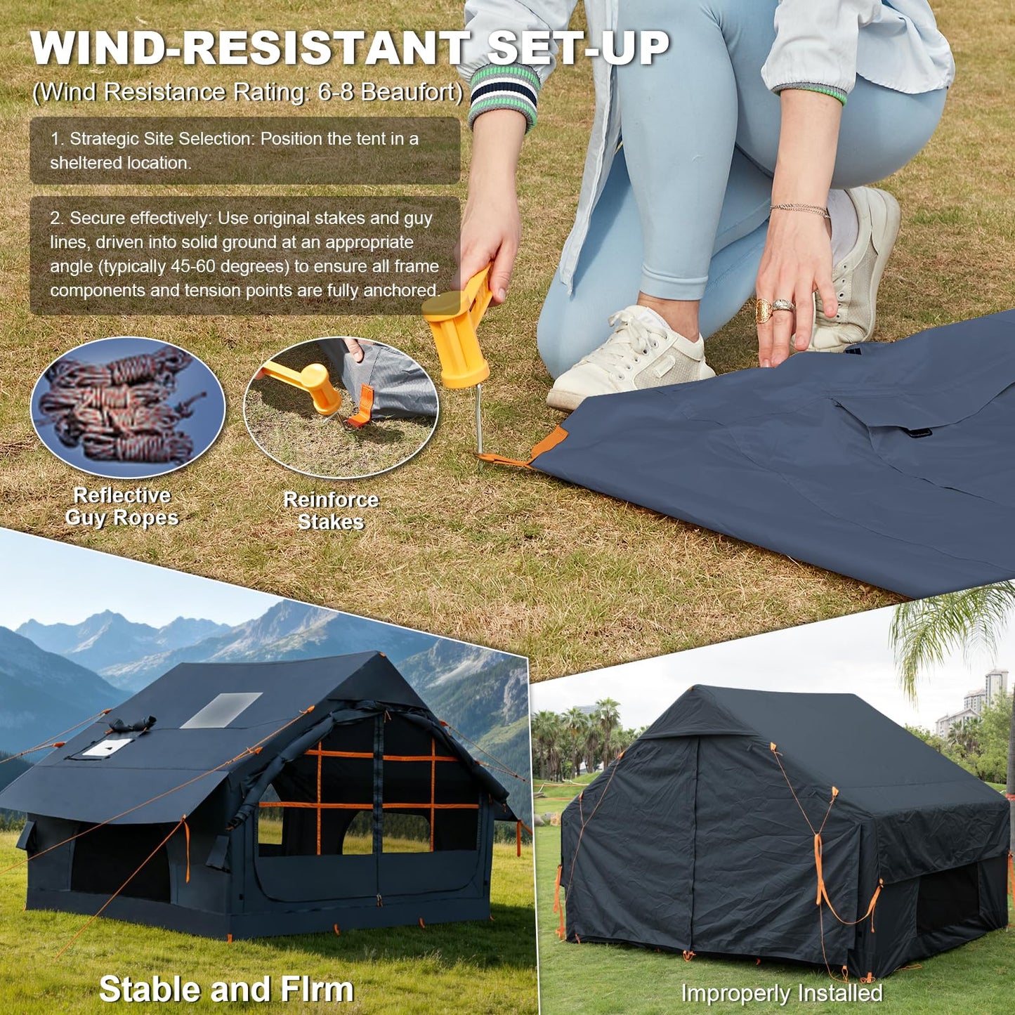 4-6 Person Inflatable Tent for Camping with Stove Jack, Hand Air Pump Easy Setup Blow Up Tents for 4 Seasons Waterproof Inflatable Air House Tent for Outdoor Adult