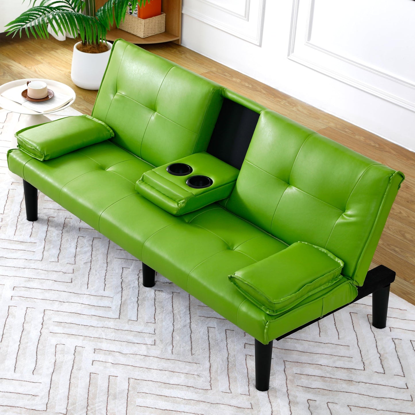 KEIKI 67" Convertible Sofa Bed with Cup Holder, 3 in 1 Futon Sofa Bed, PVC Sleeper Sofa Chair for Living Room, Office, Green