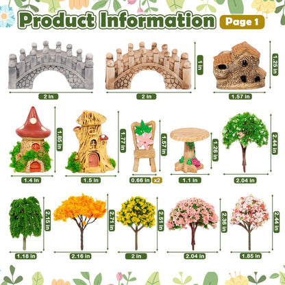 65 Pcs Mini Fairy Garden Accessories, Resin Ornaments Kit with Bridge, Mushroom, Fence, Animals for DIY Bonsai, Potted Plants & Tabletop Landscape Decor