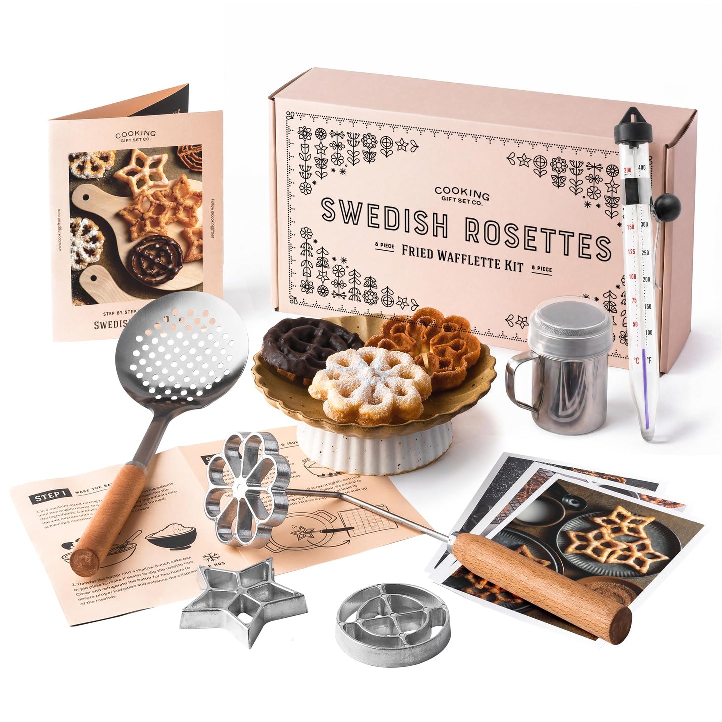 Swedish Rosette Iron Set with Handle Cooking Gifts – Rosette Maker & Bunuelos Mold Valentine's Day Baking Essentials | Funnel Cake Maker & Waffle Iron Kit – Rosettes Unique Baking Gift Set for Women