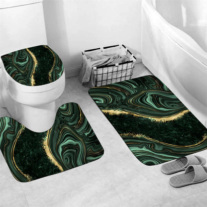 Nkzply 4 Pcs Green Marble Shower Curtain Sets with Rugs Gold Bathroom Sets with Shower Curtain and Rugs Modern Abstract Bathroom Decor Accessories Shower Curtains for Bathroom Toilet Lid Cover