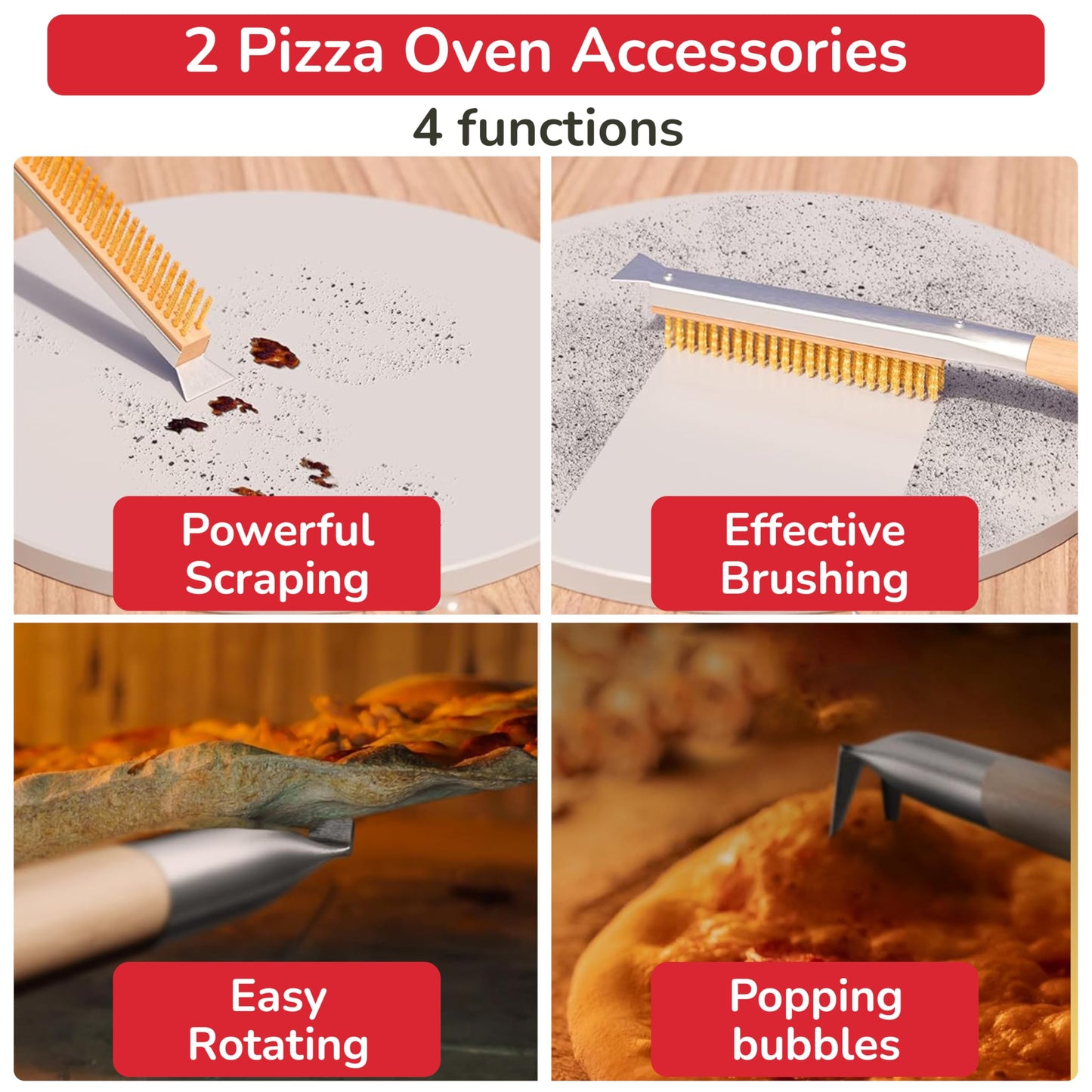 Senwosa Pizza Oven & Stone Brush with Scraper, Turning Fork & Bubble Popper Bundle - Essential Accessories & Tools for Any Pizza Oven