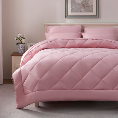 ELNIDO QUEEN® Queen Comforter Set - 7 Pieces Bed in a Bag Queen Size, Bed Set for All Seasons, Blush Pink Ultra Soft Bedding Sets with Comforter, Flat Sheet, Fitted Sheet, Pillowcases and Pillow Shams
