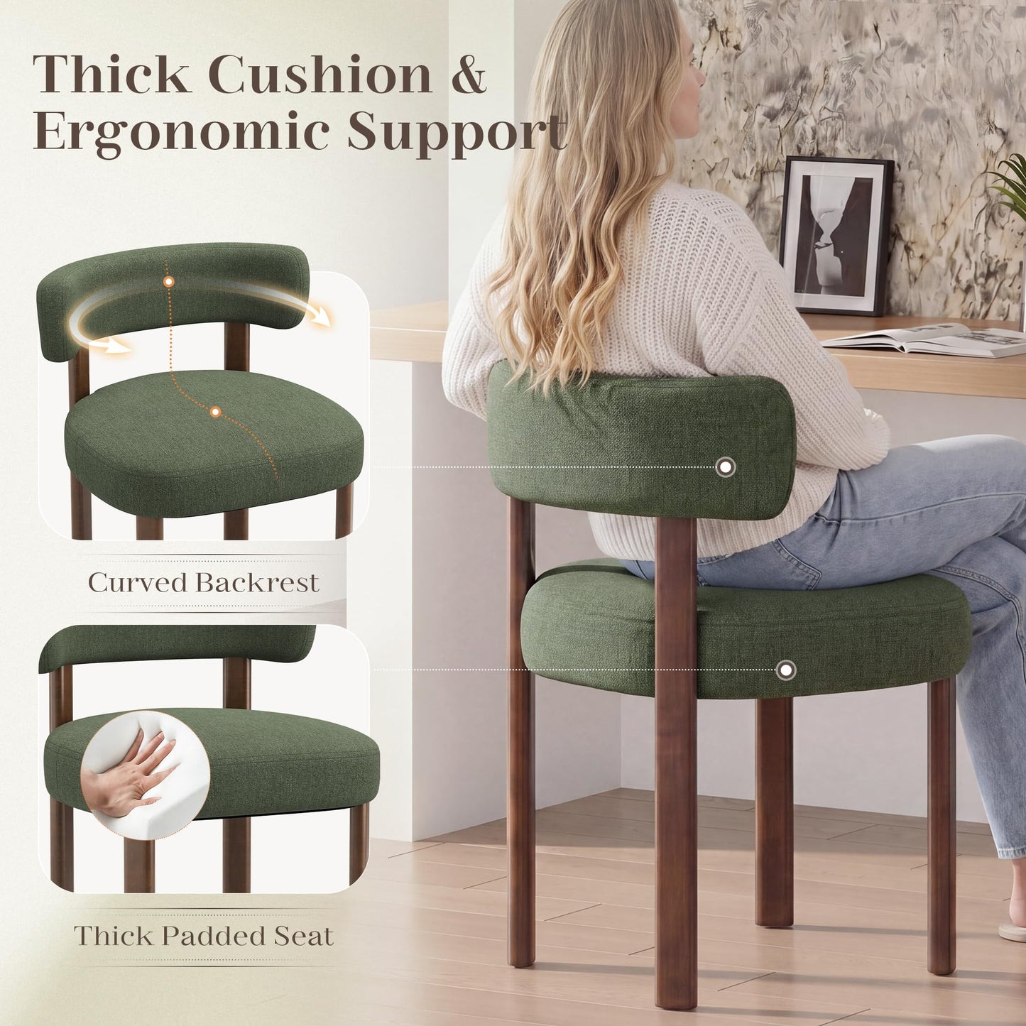 smartue Wooden Dining Chairs Set of 6, Upholstered Kitchen Chairs with Solid Wood Legs, Mid Century Dining Room Chair with Ergonomic Curved Backrest for Kitchen Dining Vanity, Green