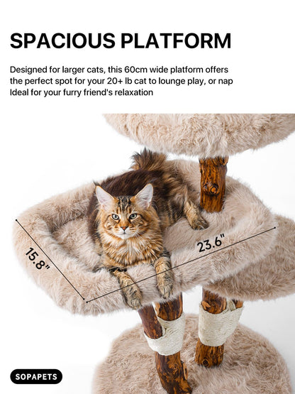 Aesthetic Cat Tree Tower for Large Cats, Large Cat Tree for Maine Coon Indoor Cats with Faux Fox Fur, Solid Wood Sisal Scratching Post, Perches, Platform & Toy Ball