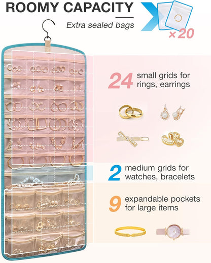 BAGSMART Hanging Jewelry Organizer, Large Teal Necklace Holder with 20 Jewelry Bags, Travel Storage Roll with Pockets