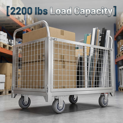 Heavy-Duty Foldable carts with cage, 39.4 x 23.6 inches Rolling cart, Capacity 2200LBS, Utility Heavy-Duty cart with Basket, for Warehouse Luggage handling, Silver