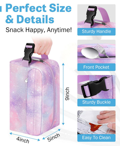 Neverwhy Small Insulated Snack Bag Lunch Box,Collapsible Reusable Small Lunch Bag with Snap Buckle Handle for Beach Travel Picnic,Pink Starry Sky 5-Can(3L)